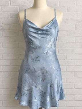 Shekou Floral Cowl Neck Slip Dress Womens M Blue Satin Y2K Romantic Fairycore